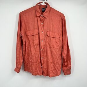Gap Womens 100% Linen Orange Small LS Button Shirt Lagenlook Hippie Festival